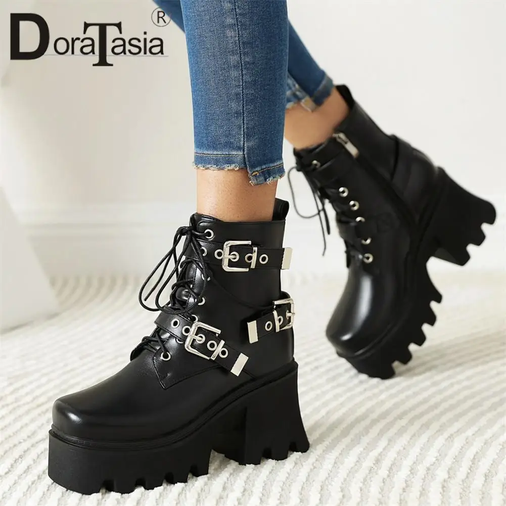 

Big Size 35-43 Brand New Female Fashion Buckle Platform Ankle Boots Chunky High Heels Boots Women Party OL Street Shoes Woman