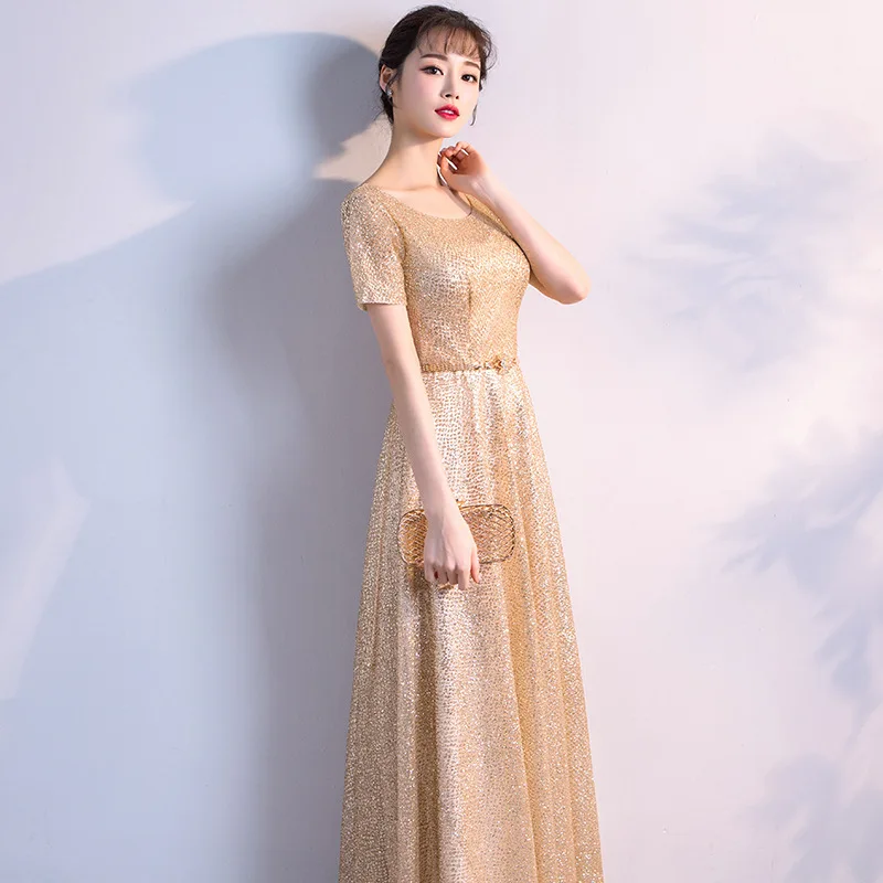 Вечернее платье с блестками круглым вырезом и коротким рукавом | Свадьбы