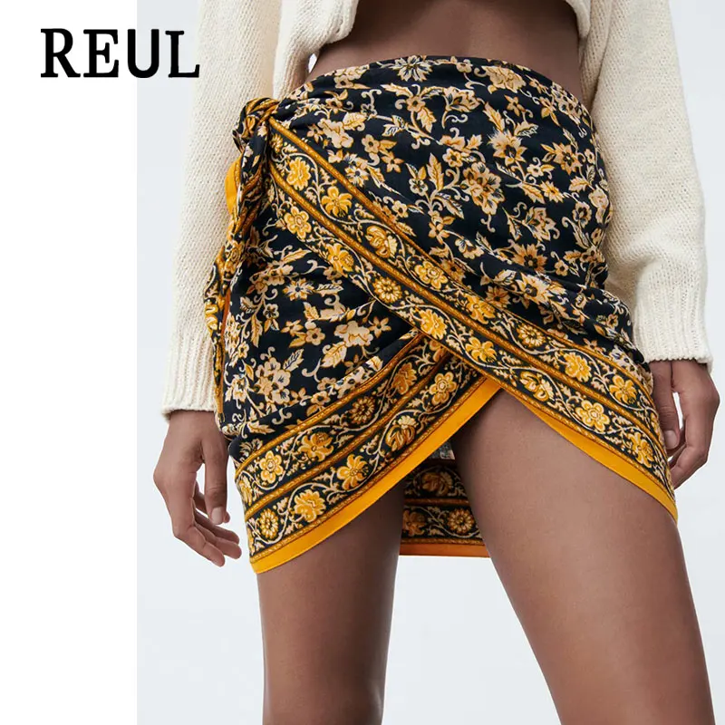 

REUL Za 2021 Women Chic Fashion Irregular Print Beach Mysterious Mini Skirt Vintage High Waist Side Bow Tied Female Skirts Mujer