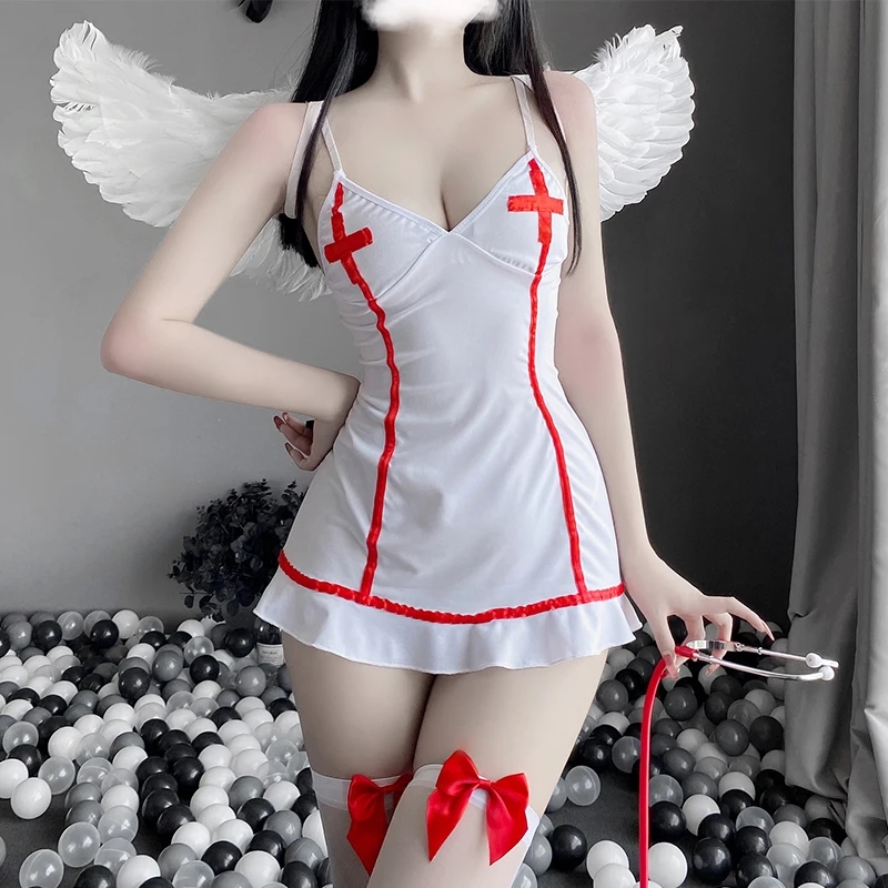 

Embroidery Backless Women Lingerie Uniform V Neck Nurse Dress Off Shoulder Ruffles Exotic Costumes Skinny Tempatation Nightclub