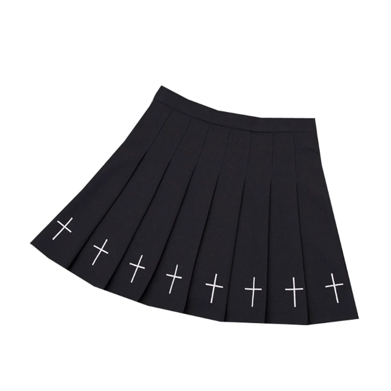 

Women Girls Gothic Punk High Waist Cross Embroidery Pleated Mini Skater Skirt N0HE