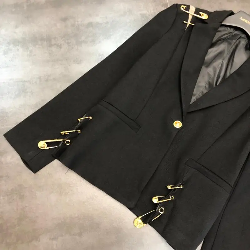 Осень уличный стиль Золотой Большой штырь украшения красивый Blazker куртка женская