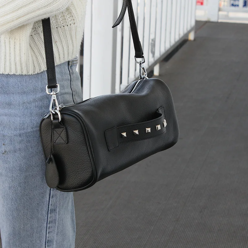 

2021 new 100% genuine leather bags women vintage luxury rivet designer black cowhide leather boston bag small crossbody bag