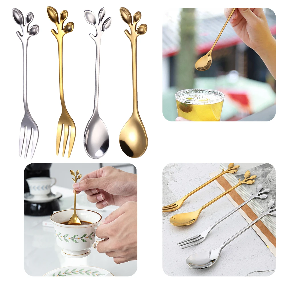 

Creative Leaf Shape Handle Coffee Spoon Dessert Snack Scoop Fork Couple Teaspoon Small Stainless Steel Spoon Tableware