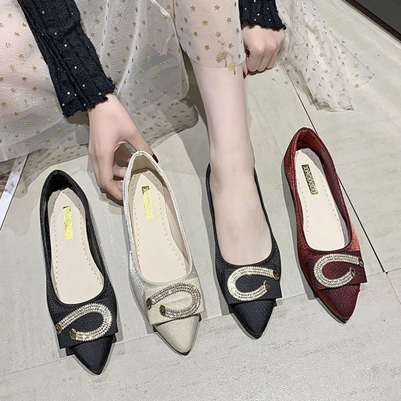 

Casual Woman Shoe Modis Crystal Shallow Mouth All-Match Pointed Toe Female Footwear Moccasin 2021 Comfortable Rhinestone New Sum