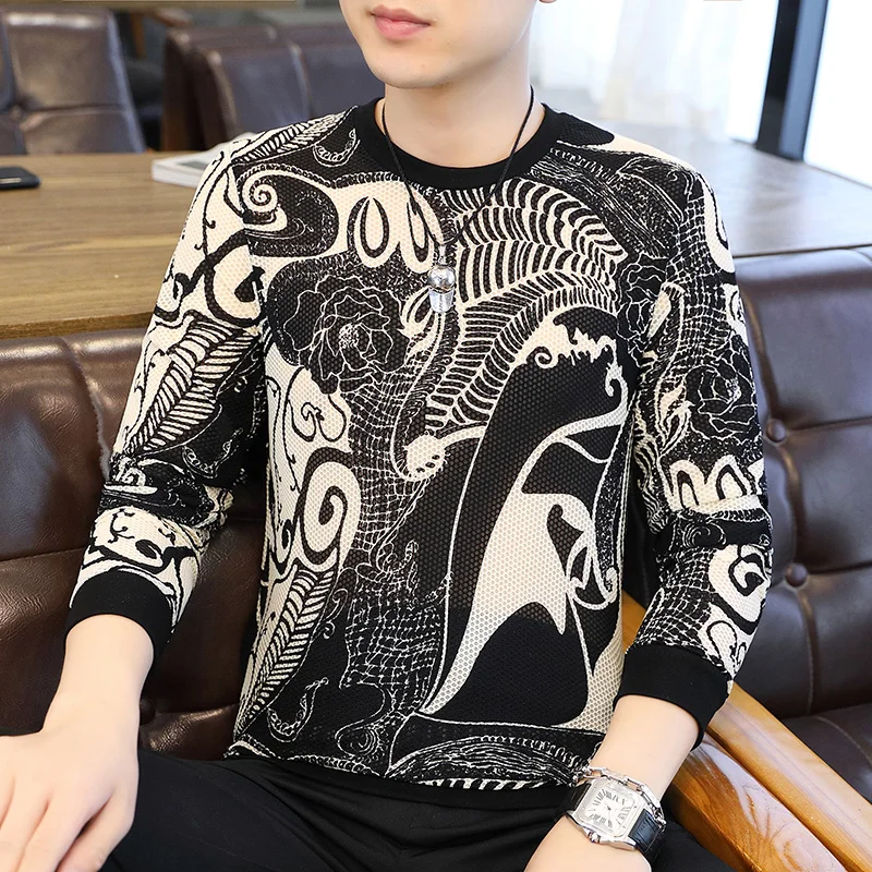 

Autumn Men O-Neck Fashion Brand Men Long-sleeved Pullover Casual Personality Pattern Comfortable Funny T Shirts Tee Shirt Homme