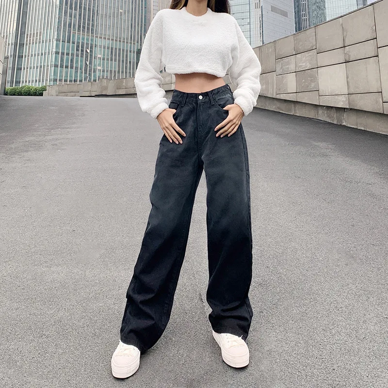 

Gradient Black Jeans For Women Wide Leg Denim Pants Casual High Waist Loose Cargo Pants High Street Boyfriend Jeans Hole Trouser