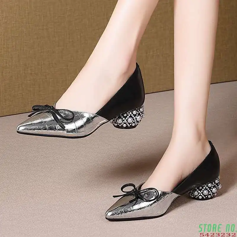 

Thick Heel Single Shoes Woman MID Heels Women 2020 Autumn Work Shoe Female Footware Soft Leather Bowtie Pointed Toes SILVER