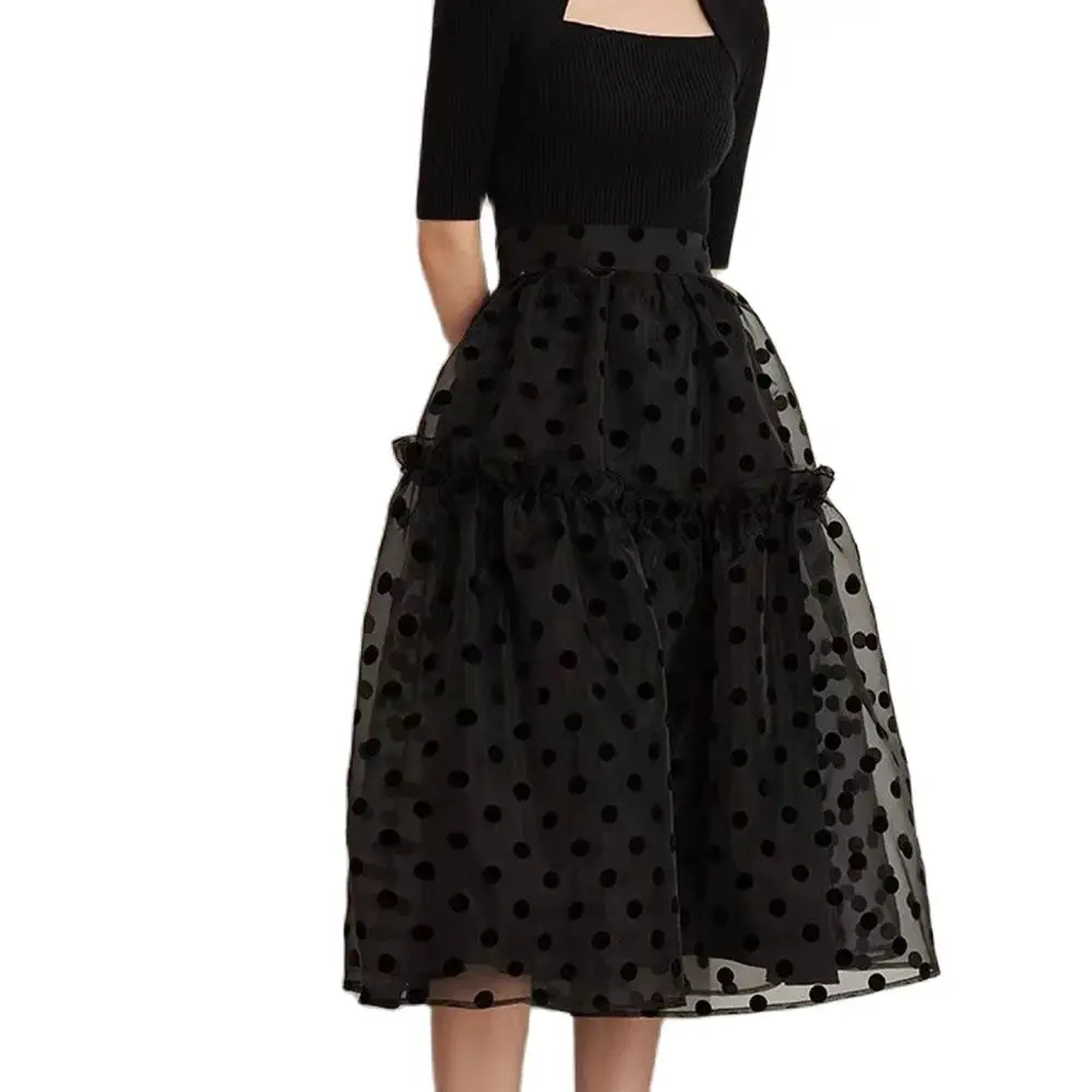 

XEASY 2021 Summer Black Women Vintage Dot Casual Organza Skirt Female Fashion Streetwear Ruffles Slim Hight Waist Midi Skirt
