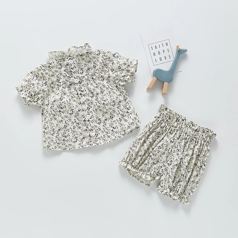 

Infant Clothes Fashion Baby Girl Suit Summer New Wooden Ear Decoration Floral Top + Pants 2-Piece Set Children Outfits