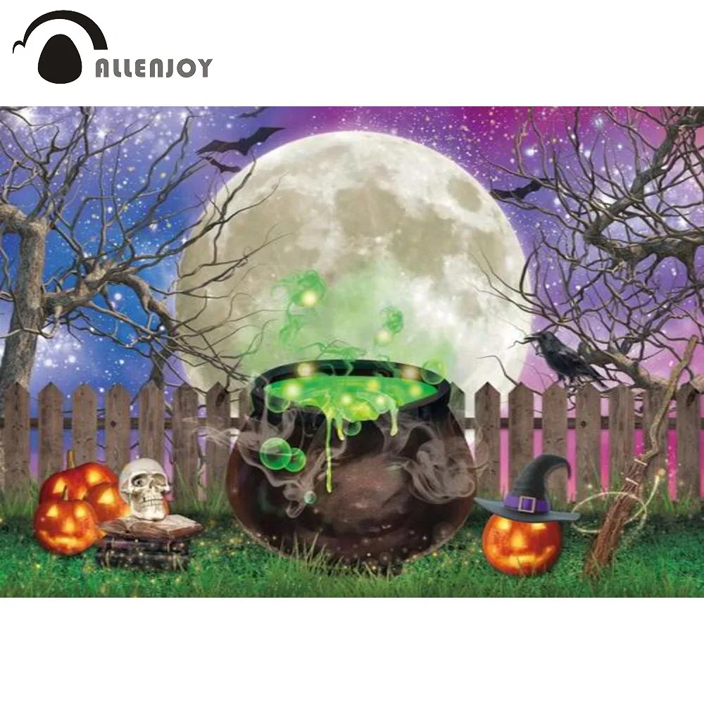Allenjoy Halloween Party Backdrop Night Pumpkin Branches Evil Broom Magic Trick Skull Moon Baby Shower Decoration Background