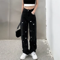 houzhou streetwear butterfly print baggy jeans women korean fashion black high waist denim pants oversize casual wide trousers