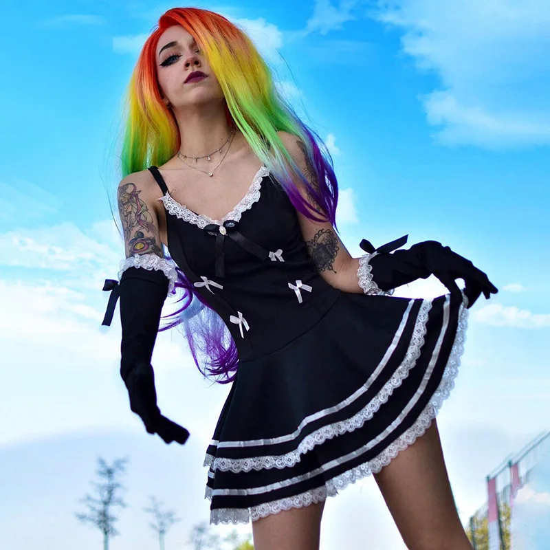 

Women Lace Lolita Bow Suspender Dress Japanese Anime Gothic Punk Style Sleeveless Sexy Party Dresses Halloween Cosplay Costume