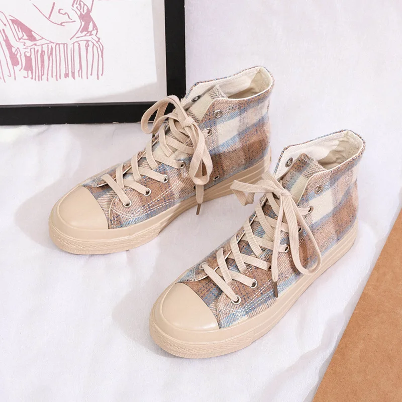 

Autumn Fashion Gingham High Top Canvas Shoes Lace Up Vulcanized Casual Footwear Breathable Soft-sole Zapatos De Mujer Plus Size
