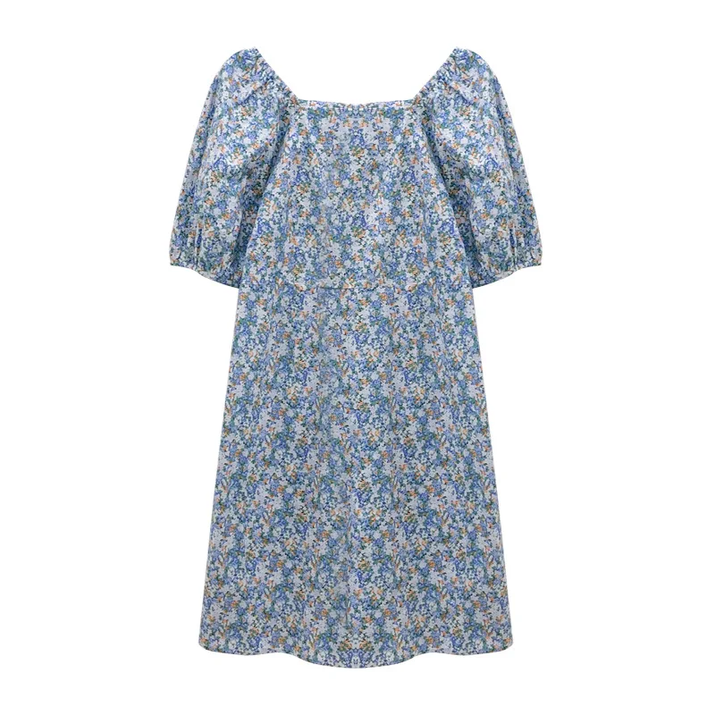 

New summer women's dress 2021 square neck bubble sleeve floral dress temperament waist small fresh skirt