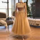 Платье Verngo для выпускного вечера, золотистое винтажное вечернее платье длиной до колена, с высоким воротом, тюль с длинным рукавом, кружево, аппликация бисером