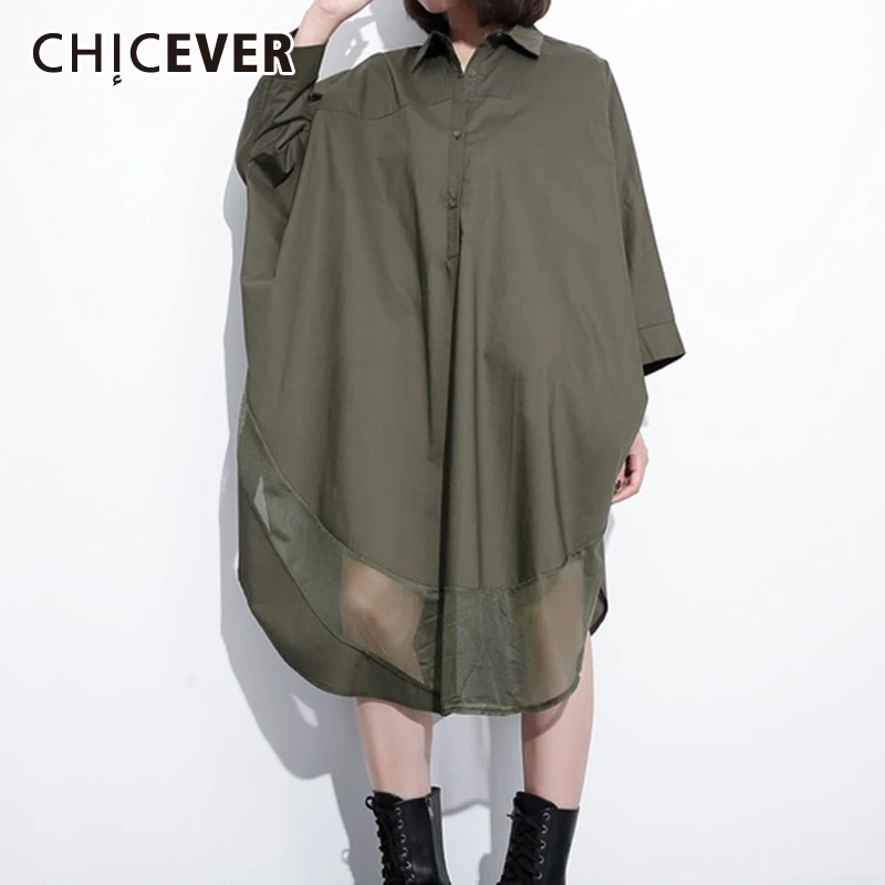 CHICEVER корейский стиль лоскутные сетчатые платья для женщин воротник с лацканами