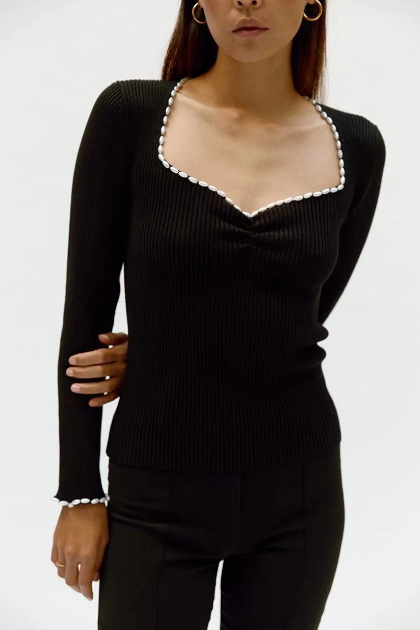 

V Neck Pearl Beaded Long Sleeve Women Slim Knitted Top