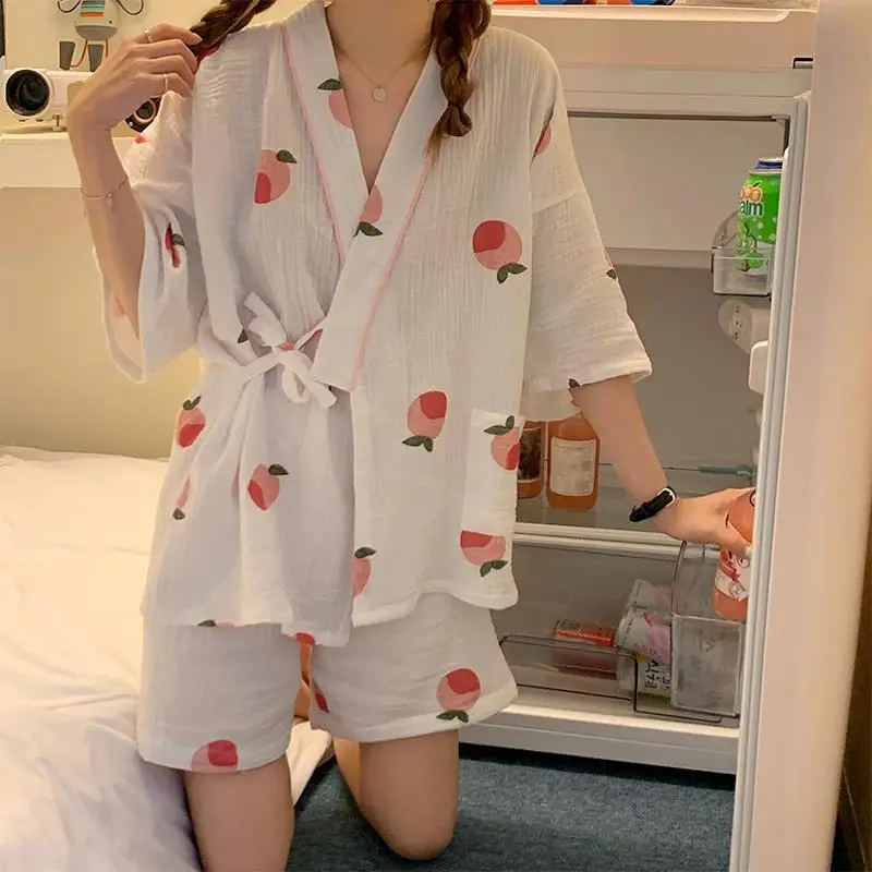 Kimono Women Cotton Pijamas Set 2 Pieces Pajamas Girl Pink Floral Bud Print Pyjama Summer 2021 White Sleepwear Vintage Nightwear