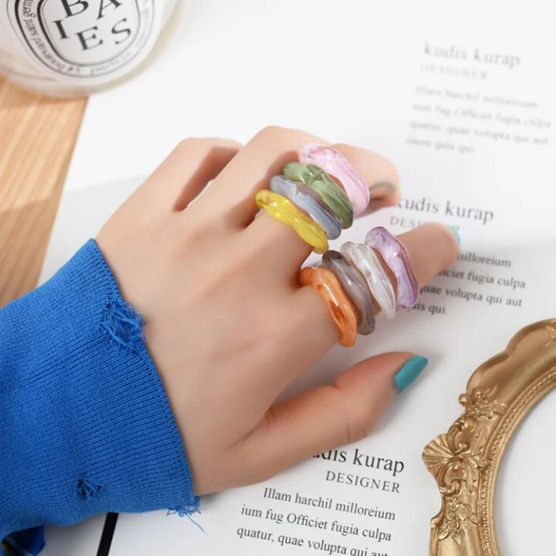 

Korea 2021 Chic Colorful Transparent Resin Acrylic Rings Hot Geometric Color Women Party Aesthetic Jewelry Ring