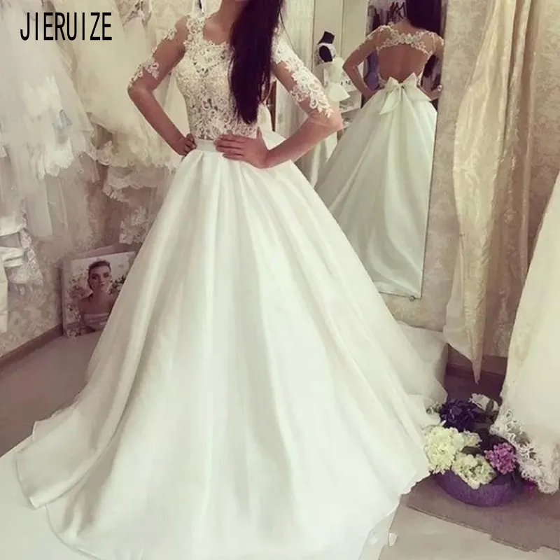 

Элегантное свадебное платье JIERUIZE с открытой спиной, украшенное драгоценными камнями, иллюзионные Свадебные платья с длинными рукавами, сва...