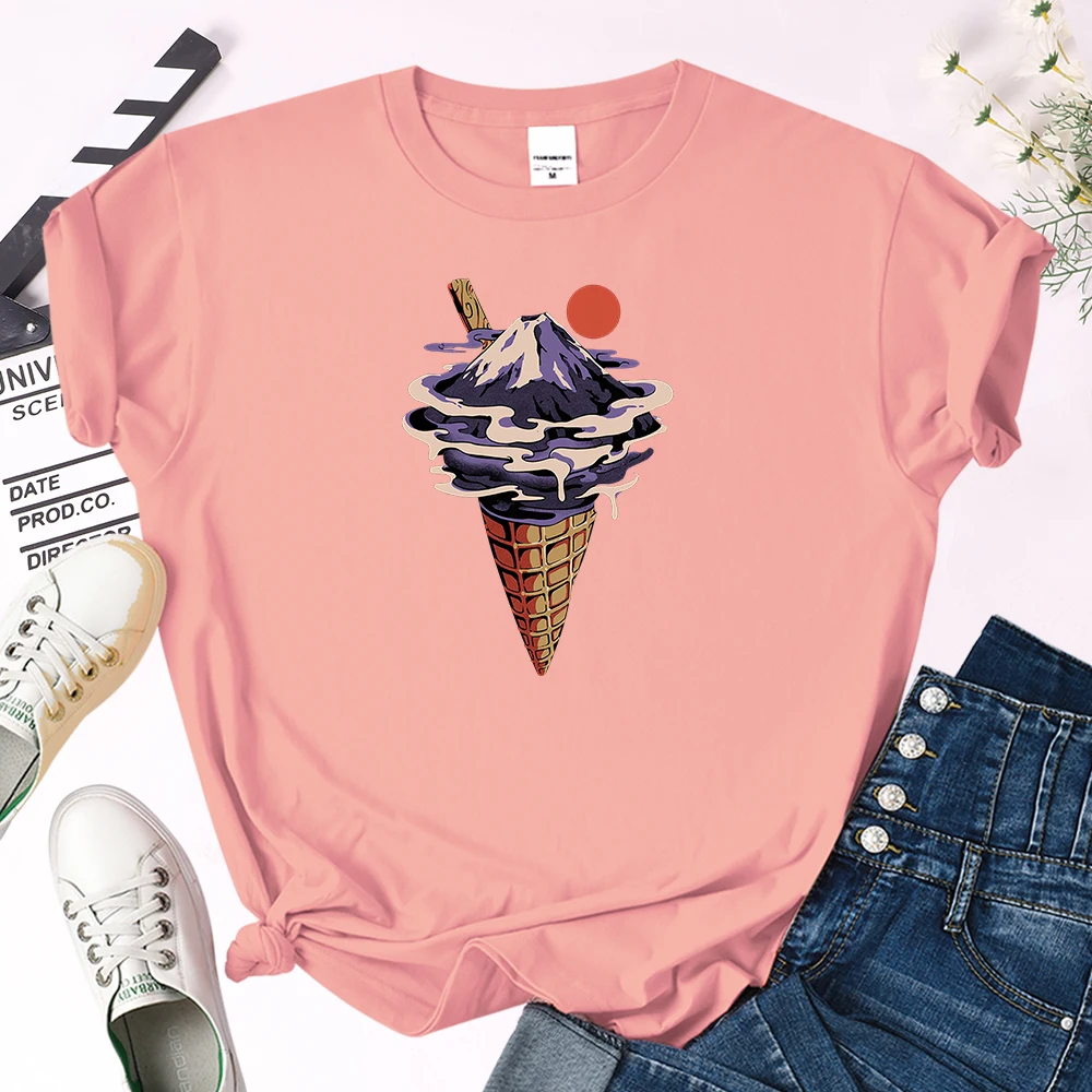 

Volcano On Ice Cream Cartoon Printed Tshirts Women Japan Style Oversize O-Neck Tops Cosy Skin-Friendly Female Soft Slim Tshirts