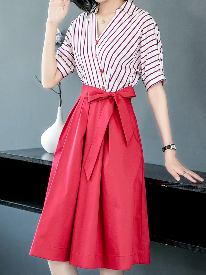 Платье-рубашка женское в полоску офисное длинное платье миди с полурукавами