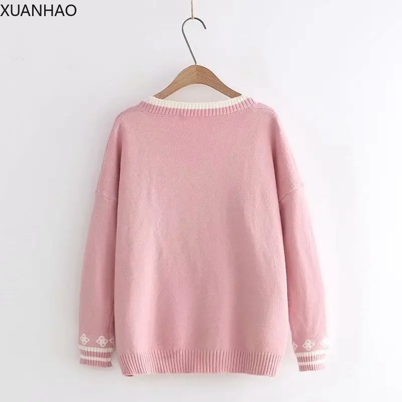 

XUANHAO Autumn Korean Mori Girl Sweet Lolita Cute Bunny Embroidery Knitted Sweater Japanese Women Long Sleeve Cardigan Knitwear