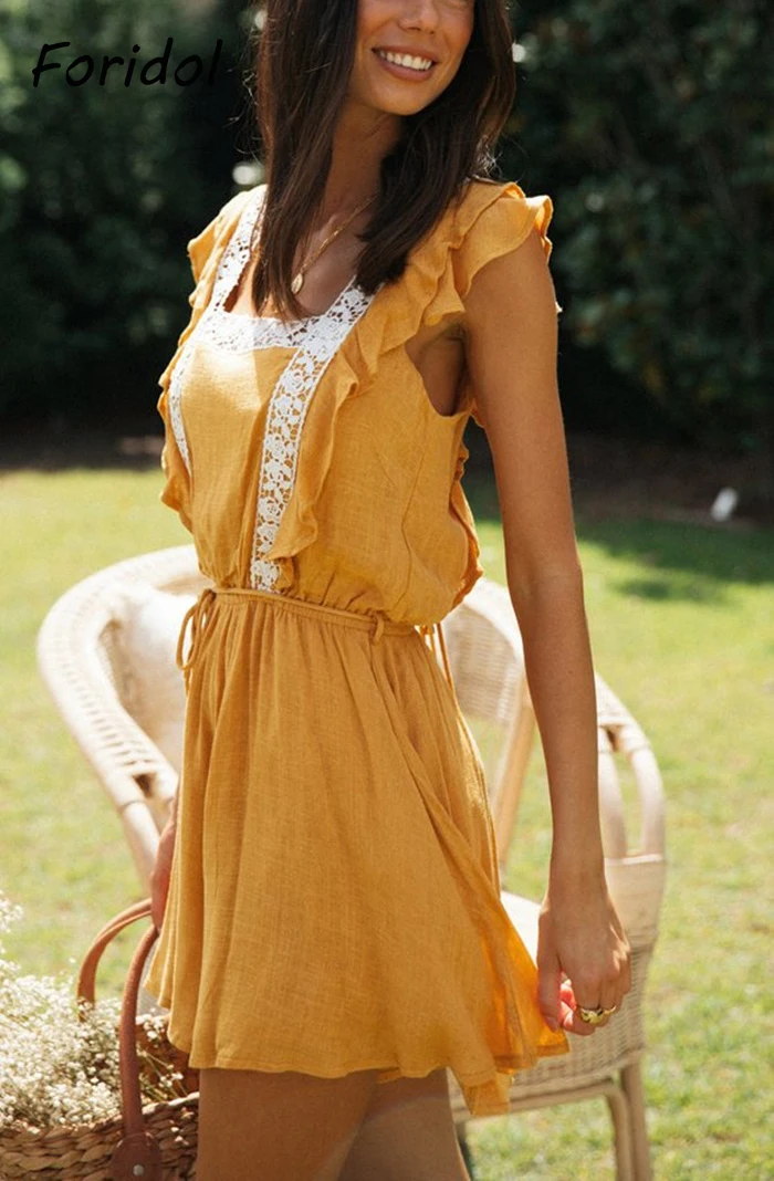 

White Lace Patchwork Boho Playsuit Romper Women Yellow Backless Lace Up Summer Beach Playsuit Romper Short Jumpsuit 2021