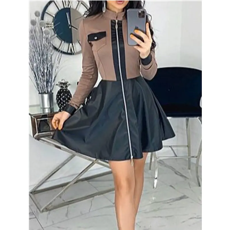 

Women Zippers Mini Party Clubwear 2021 Elegant Vintage Black Long Sleeve Autumn Outfits Plaid Print Pocket A-line Dress G2307
