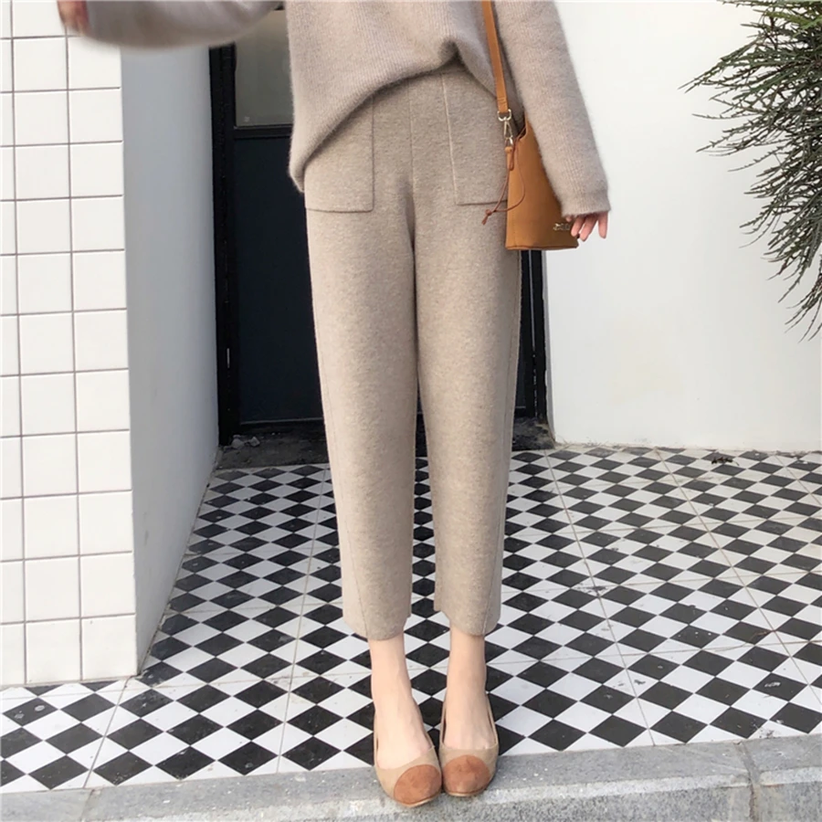 Autumn Winter Knitted Set Women Thick Warm O-Neck Loose Knit Suit Slim Pocket Harem Pants Oversized Casual Elegant Black Clothes