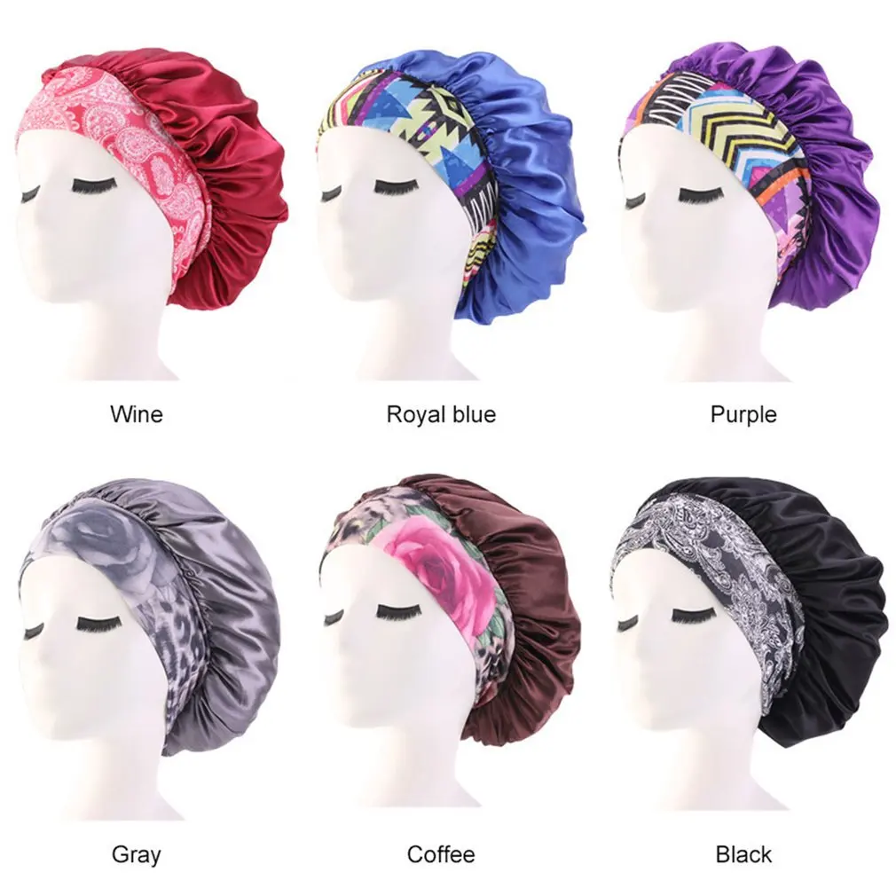

Hair Cap Fashion Women Satin Night Sleep Cap Hair Bonnet Hat Silk Head Cover Print Wide Elastic Band For Women