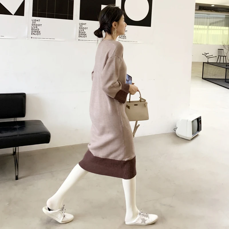 Женское платье-свитер с карманами BGTEEVER свободное платье-джемпер средней длины