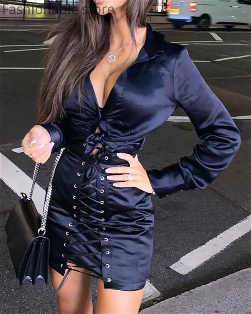 

Black Turndown Eyelet Lace-Up Slim Fit Long Sleeve A-Line Dress