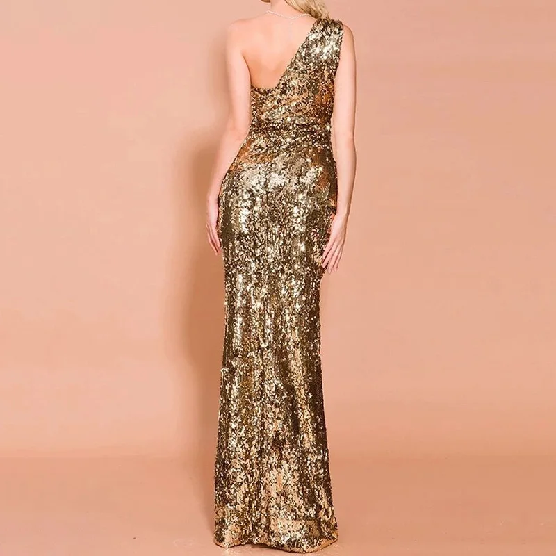 

European and American New Women's Dress AliExpress Cross-Border Hot-Selling One-Shoulder Sequined Slim-Fit Dress
