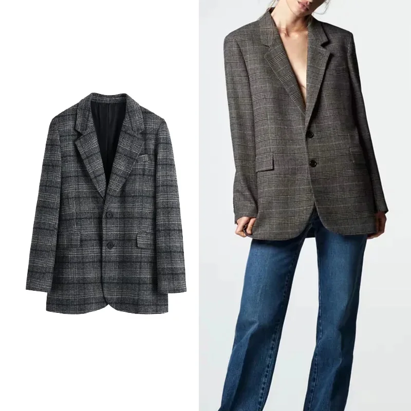 

TRAF Za New 2021 Women's Fashion Lattice straight Single-Breasted Blazers Coat Woman Vintage Casual Long Sleeve Blaczer Tops