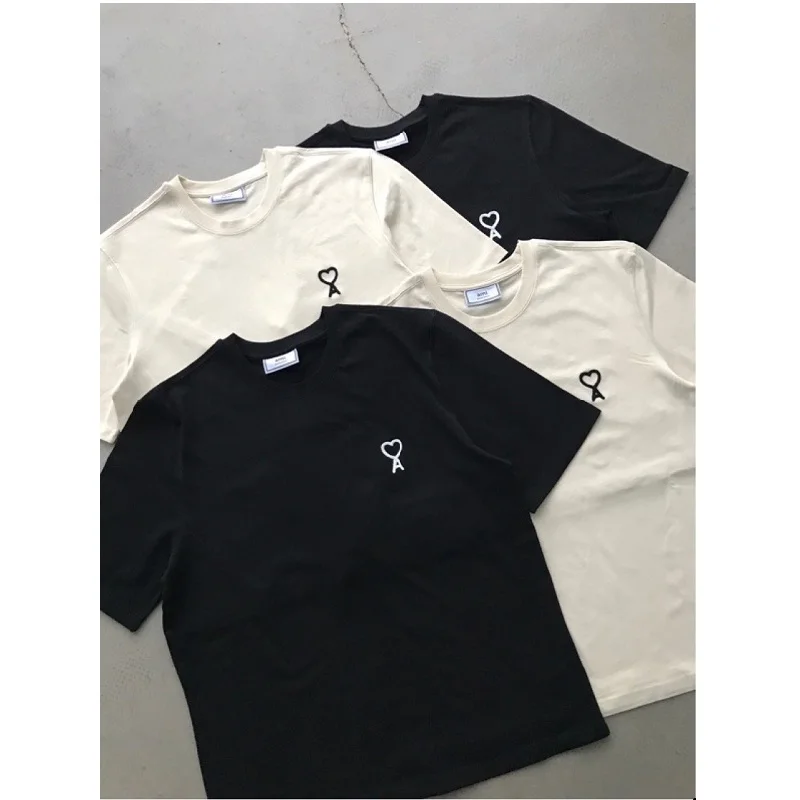 

2021 New AMI French Love Knitting Hook Flower Thick Thread Embroidery Male And Female Couples Black And White Short Sleeves