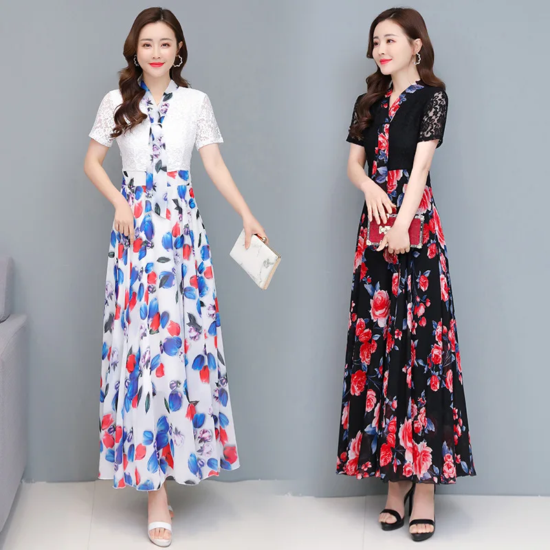 

2021 summer new lace temperament goddess Fan Mingyuan fashion over-the-knee skirt covered belly waist slim plus size dress
