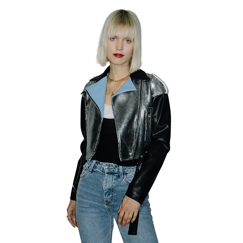 

Spring locomotive zipper Leather Jacket female Short silver Motorcycle Pockets Black PU Leather Bikers Jacket with belt F1033