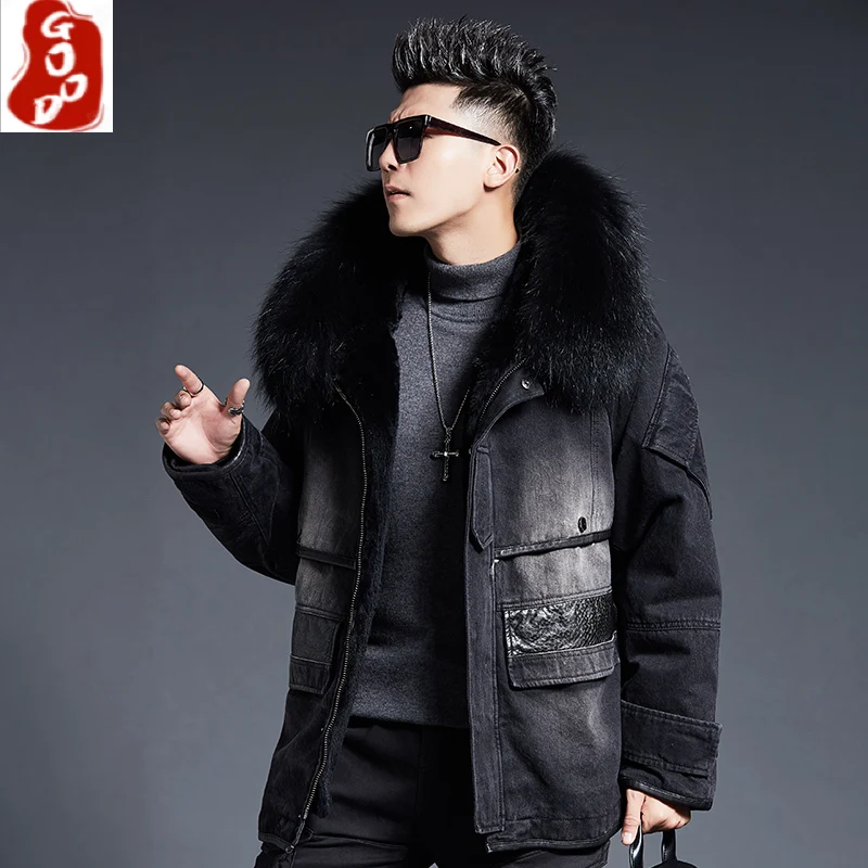 

Real Rabbit Fur Liner Parkas Coat Men Clothing 2021 Streetwear Jeans Natural Raccoon Fur Hooded Fur Jacket Hiver 91H19069