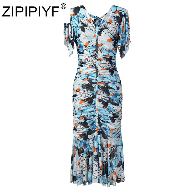 

V-neck Butterfly Sleeves Pleated Fold Floral Mermaid Dress Summer 2020 New Blue Slim Female Dress C186