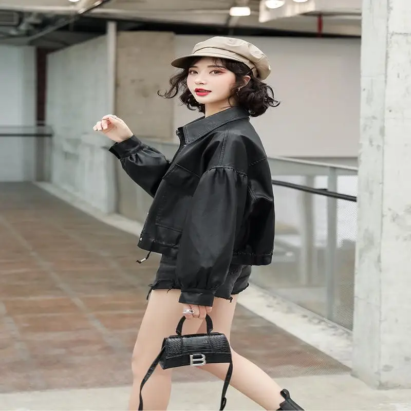 

spring new 2021 Europe and America loose simple fashion short coat Street handsome leisure short PU leather women
