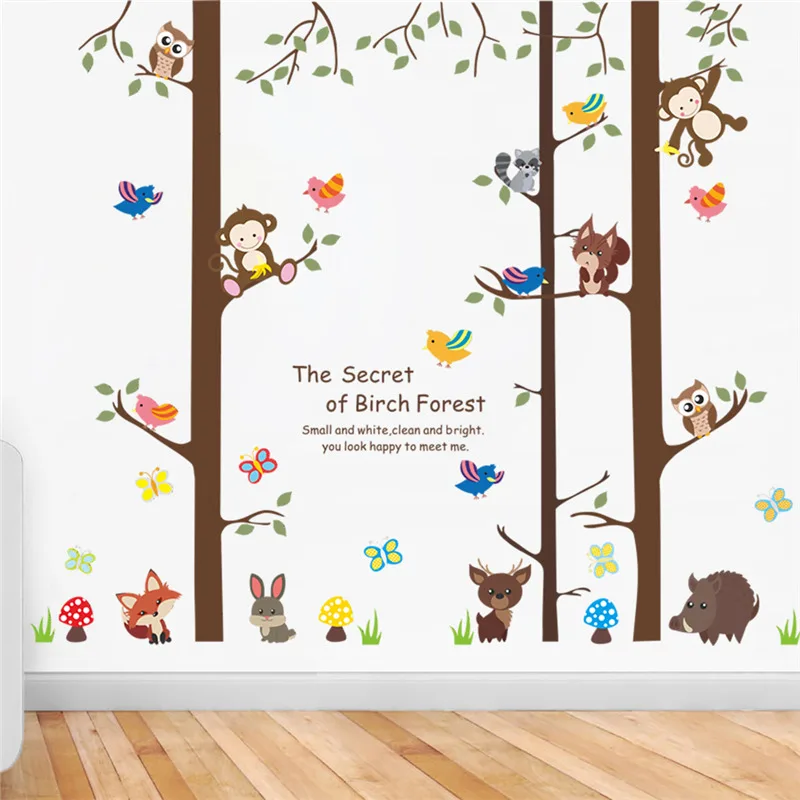 

Monkey Owlets Fox Animals Birch Tree Wall Sticker For Kids Room Livingroom Home Decor Cartoon Safari Mural Art Big Decal