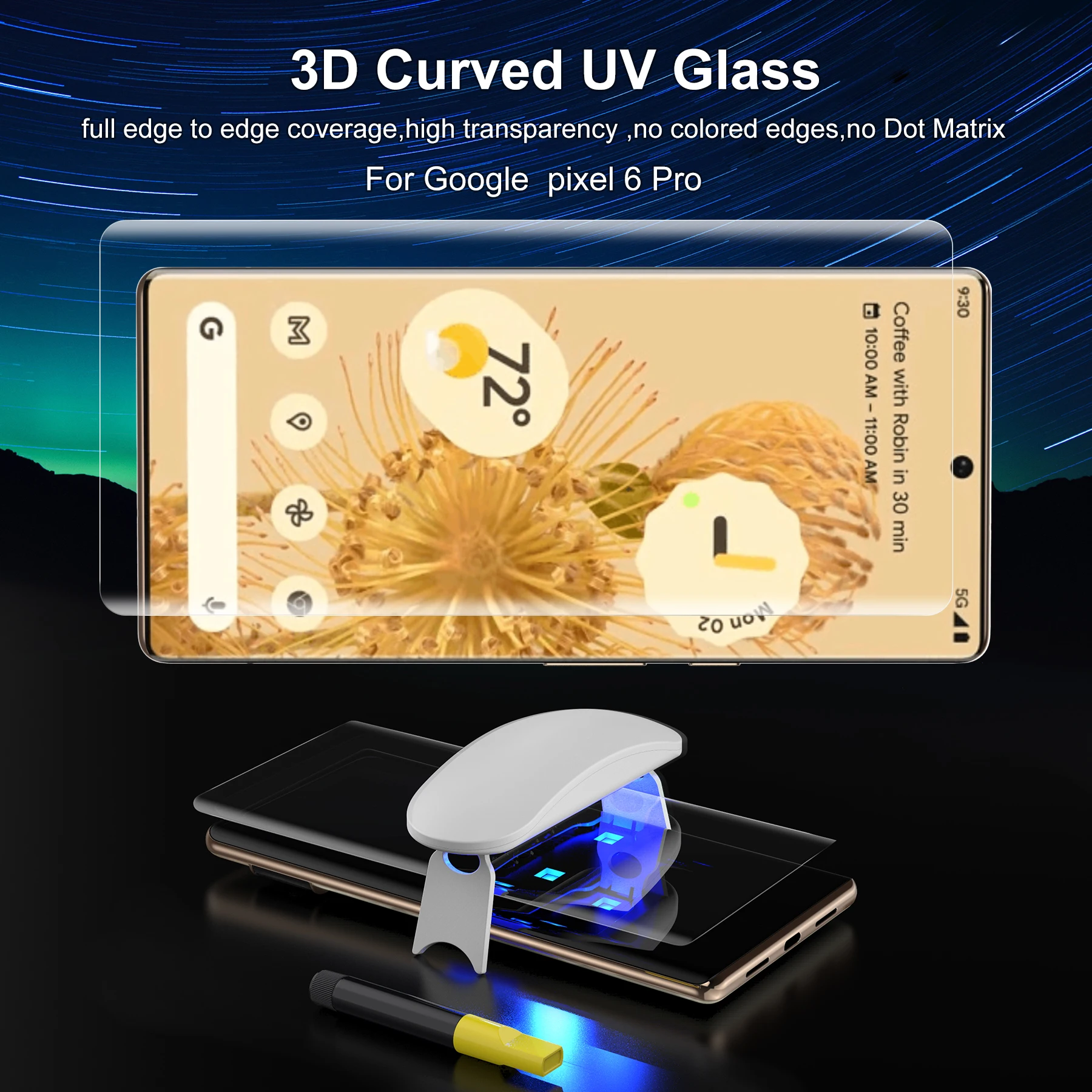 Protector de pantalla UV para Google Pixel 6 Pro, cubierta protectora completa, desbloqueo por huella dactilar, pegamento l&iacute;quido de vidrio templado curvado 3D-1
