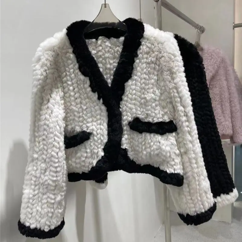 Enlarge Lady Real Rabbit Fur Knitted Coat Women's Vintage Fur Jacket V Neck Highly Recommend Full Sleeve Cardigan