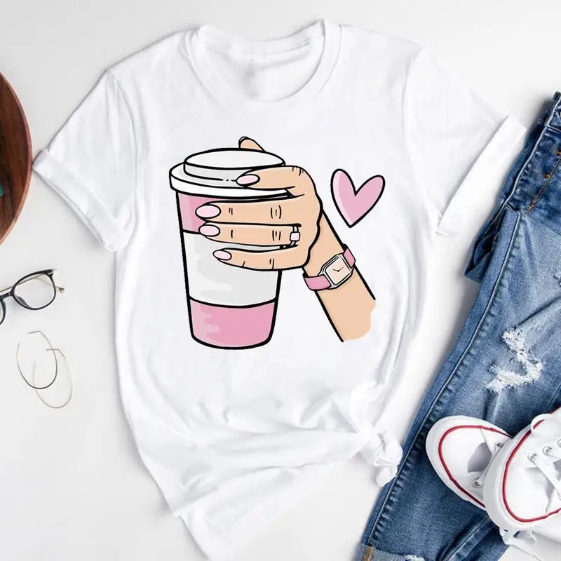 

Women Graphic Cartoon Coffee New Cute 2021 Fashion Print Ladies Short Sleeve Summer Female Clothes Tops Tees Tshirt T-Shirt
