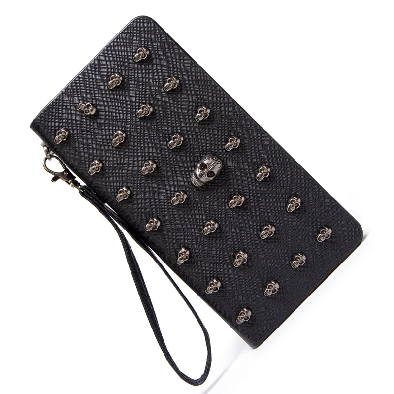 

GENUINE LEATHER Women's wallet Long purse zipper hand bag skull head phone bag Clutches bag Passport cover wallet Card Holders