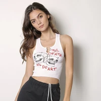 square collar trendy letter print with pin buckles tank tops women skull printed casual stretchy sleeveless crop top y2k top