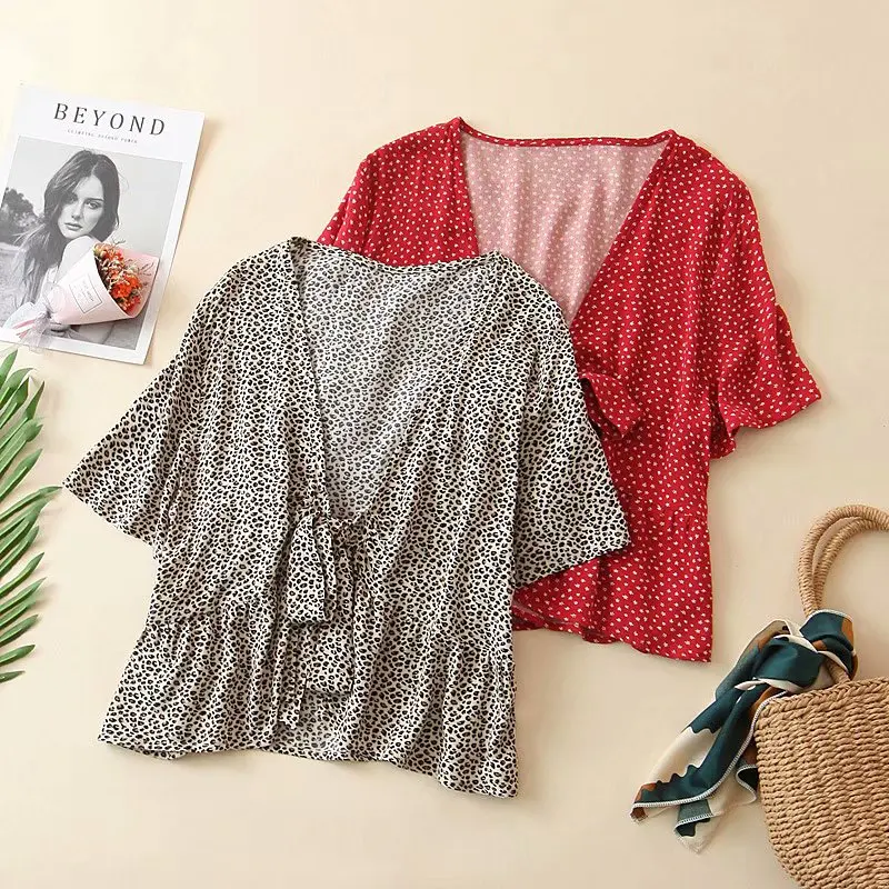 Женская леопардовая блузка TMODA Летняя Повседневная рубашка с глубоким v образным
