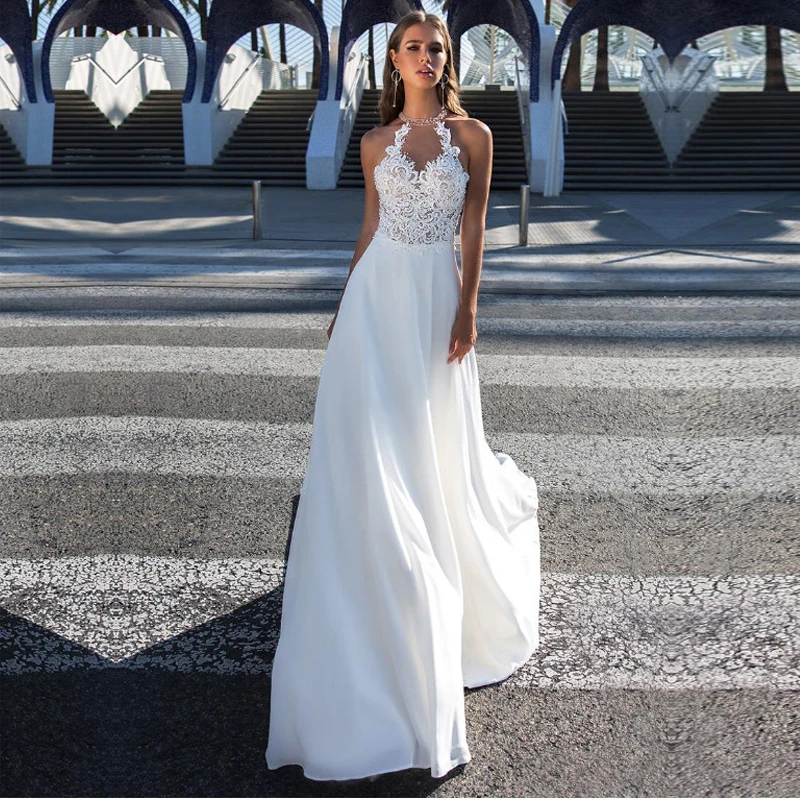 

Chiffon Halter A-Line Lace Wedding Dresses Sashes Sleeveless Bridal Dress Back Button Vestido De Noiva Custom Made